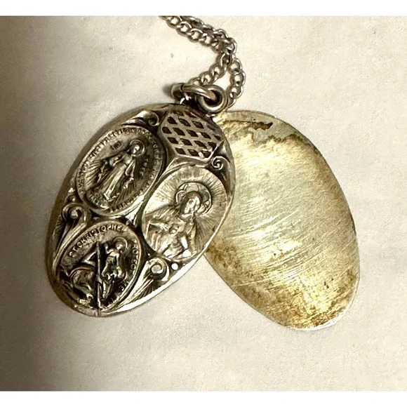 Vintage Sterling Silver 3 Way Slide Religious Medal Necklace - Picture 3 of 4